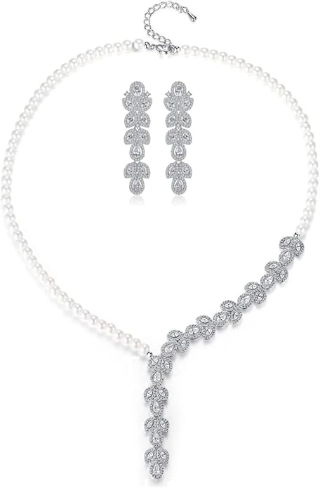 14K Gold & Freshwater Pearl Jewelry Set, Natural Crystal Necklace & Pearl Dangle Earrings, Luxury Bridal/Wedding Fashion Accessory