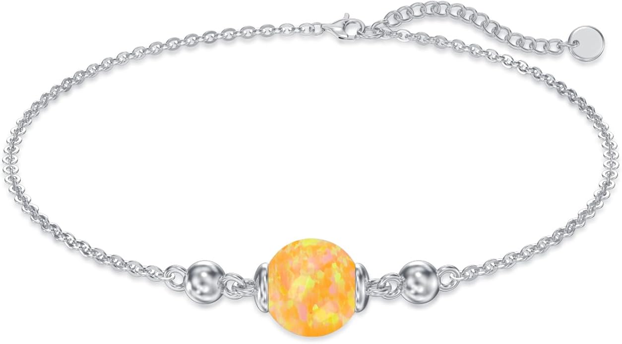 Opal Anklet/Bracelets for Women, S925 Sterling Silver Adjustable Foot Beaded Round Charm Ankle Bracelet Anklets Jewelry Anniversary Birthday Gifts for Women-1