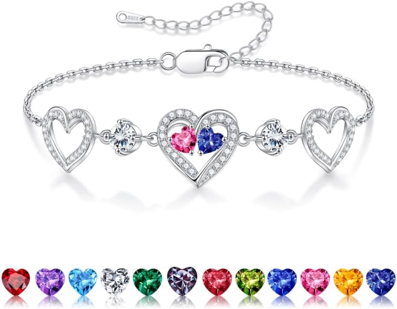 Iefil Valentines Day Gifts for Her - 925 Sterling Silver Heart Birthstone Bracelet Birthday Anniversary Jewelry Gifts for Her Wife