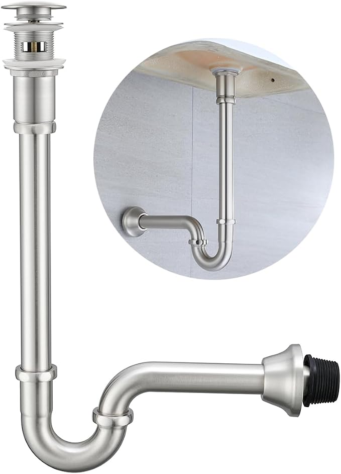 Brass P Trap with Pop Up Drain Stopper With Overflow, U-Shape 1 1/4 Slip Joint by SEABEFORE