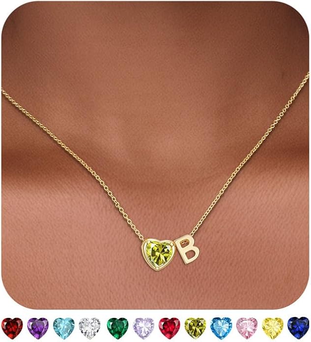 Valentines Day Gifts for Her- Heart Birthstone Initial Necklace for Women Girls,14K Gold Plated Heart Letter A-Z Necklace Birthday Trendy Jewelry Gifts for Women Girls Daughter
