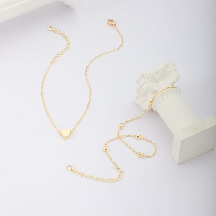 MIDEEO Gold/Silver Ankle Bracelets for Women,14K Gold Anklets for Women Waterproof Cuban Link Heart Beads Herringbone Rhinestone Anklets Set Layered Anklet Bracelets for Women Gold Jewelry Gift