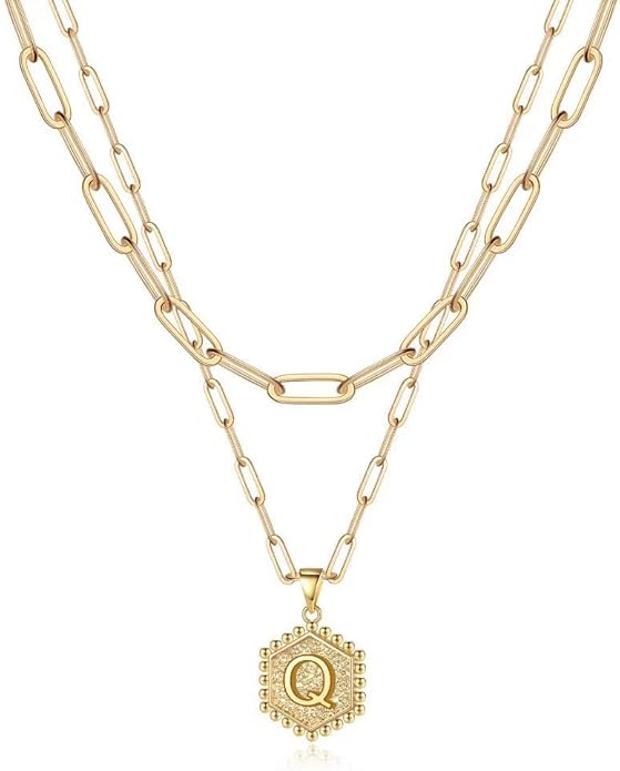 M MOOHAM Valentines Gifts for Women Teen Girls, 14K-Gold-Plated Initial Necklaces for Women Cute Hexagon Letter Initial Necklace Layered Necklaces for Womens Teen Girl Valentines Jewelry Gifts