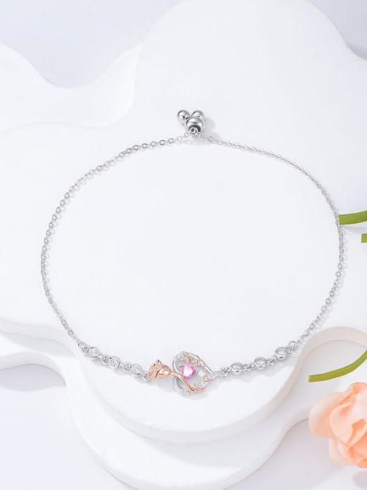 Birthstone Charm Link Bracelet 925 Sterling Silver Rose/Heart/Mom Bracelet with 12 Months Birthstone Mother's Day Gift Jewelry Gifts for Women,Chain Length 7"+2" Extend