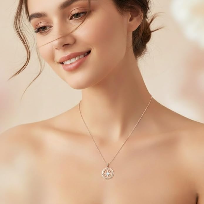Compass Necklace for Women Wife Girlfriend Mom Daughter Gifts S925 Sterling Silver Jewelry For Anniversary Rose Gold Gifts For Birthday Christmas Mothers Valentines Day 12 Birthstones