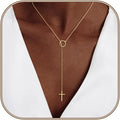 Lariat Gold Necklace for Women, Dainty Long Necklace 14k Gold Plated/Silver Y-Shaped Layered Beaded Chain Drop Necklaces for Women Trendy Simple Gold Jewelry for Women Gifts