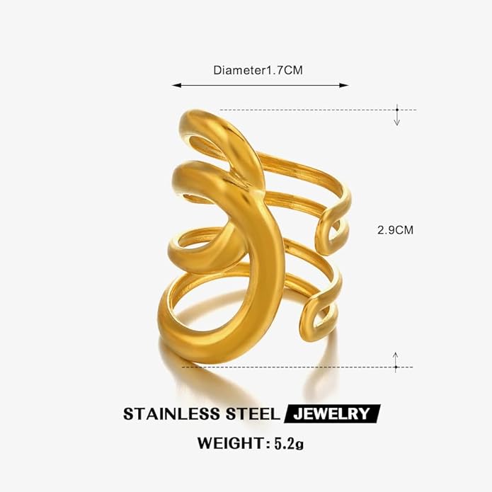Chunky Rings For Women, Gold Silver Thumb Ring Asymmetrical Wavy Curve Ring Adjustable Non Tarnish Dainty Stainless Steel New Year Anniversary Birthday Jewelry Gift