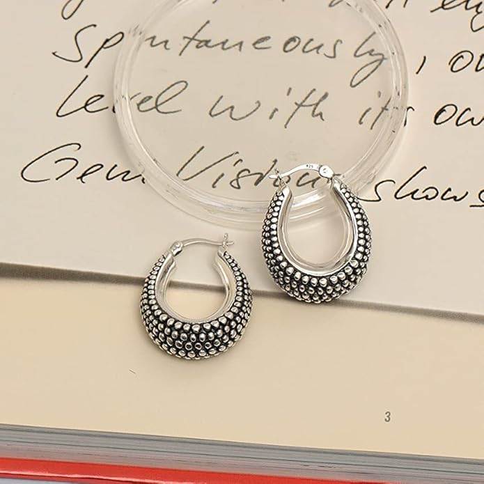 LeCalla 925 Sterling Silver Bali-Style Hoop Earrings Lightweight Click-Top Antique Two-Tone Beaded Italian Bali Style Earring Hoops for Women