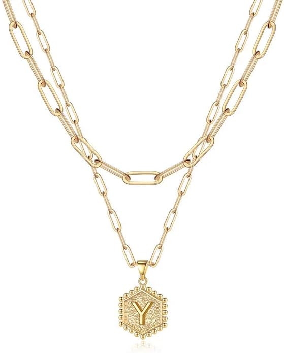 M MOOHAM Valentines Gifts for Women Teen Girls, 14K-Gold-Plated Initial Necklaces for Women Cute Hexagon Letter Initial Necklace Layered Necklaces for Womens Teen Girl Valentines Jewelry Gifts
