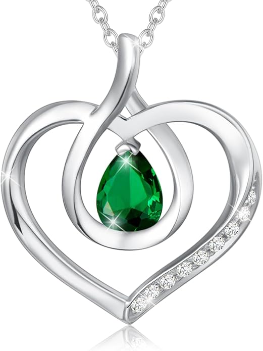 AGVANA Valentines Day Gifts Heart Birthstone Necklace for Women Sterling Silver Genuine or Created Gemstone Forever Love Pendant Necklace Fine Jewelry Anniversary Birthday Gifts for Women Mom Wife
