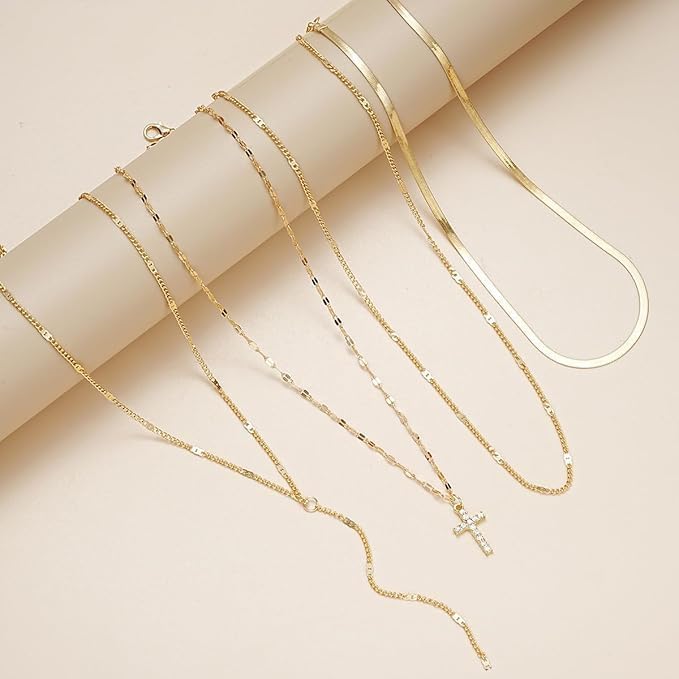 Evabelle Gold Layered Necklace for Women Trendy Jewelry 14K Real Gold Plated Chunky Chain Stackable Necklaces Dainty Choker Necklaces Rectangle Square Pendant