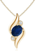 Angara Natural Blue Sapphire Pendant for Women | Shell Style Oval Sapphire and Diamond Pendant in 14K Solid Gold/Silver/Platinum With 18" Chain | September Birthday, Gemstone Jewelry Gift