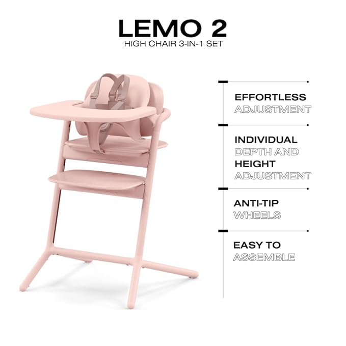 Cybex LEMO High Chair 3-in-1 Set with Baby Set + Snack Tray - Modern Design, One-Hand Depth & Height Adjustment & Anti-Tip Wheels - from 6 Months, Convertible to Adult Chair, Pearl Pink