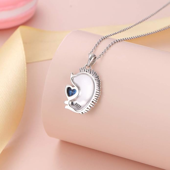 FLYOW 925 Sterling Silver Cute Animal Heart CZ Hedgehog Pendant Necklace and Stud Earrings Bracelet Set for Women Birthday Jewelry