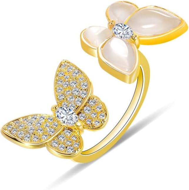 Double Butterfly Rings for Women AAA Cubic Zirconia Finger Ring Ladies Fashion Hand Jewelry Natural Stone Adjustable Ring