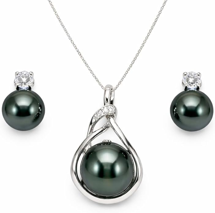 Tahitian Black Pearl Necklace & Earrings Set for Women - Genuine 9-10mm Cultured Tahitian Pearls with Sterling Silver, Premium Gift Box for Anniversary, Birthday, Valentine’s, Mother’s Day