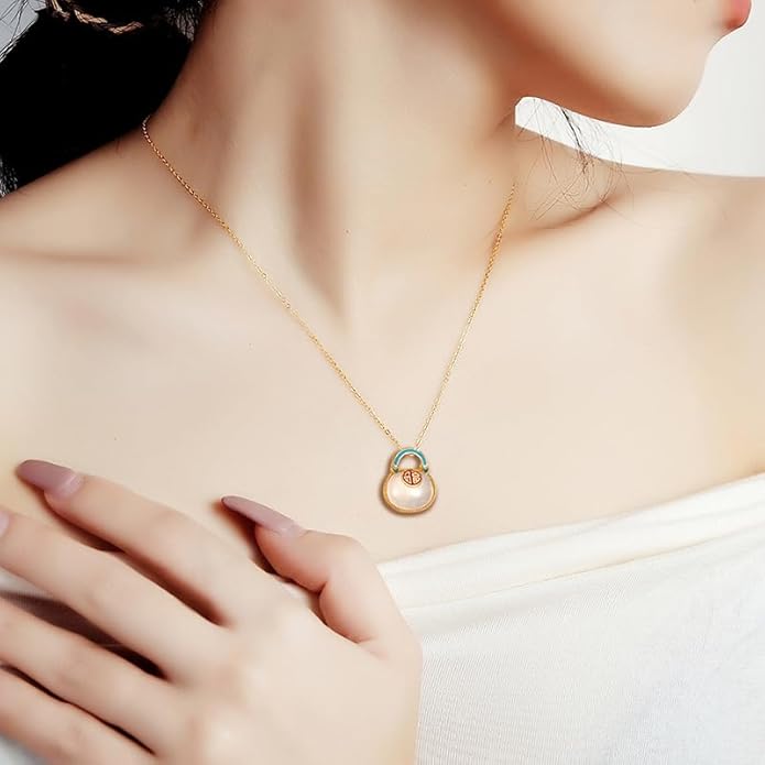 14K Gold Real Natural Jade Enamel Fortune Bag Necklace, Unique Vintage Style Jade Pendant, Delicate Jade Jewelry Gift for Wife's Prosperity