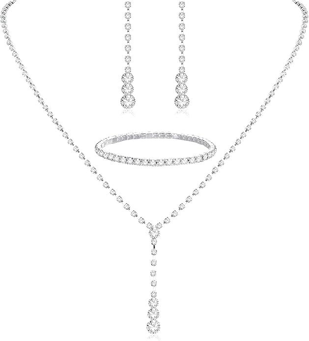 Silver Crystal Bridal Jewelry Set, Teardrop Dangle Earrings Rhinestone Necklace Bracelet for Bride Bridesmaid Crystal Bridal Wedding Party Jewelry Sets