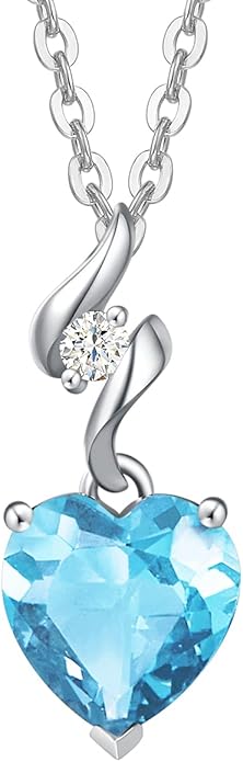 AGVANA Valentines Day Gifts 14K Solid White Gold Diamond Gemstone Pendant with Sterling Silver Chain 8mm Heart Birthstone Necklace Fine Jewelry Anniversary Birthday Gifts for Women Mom Wife