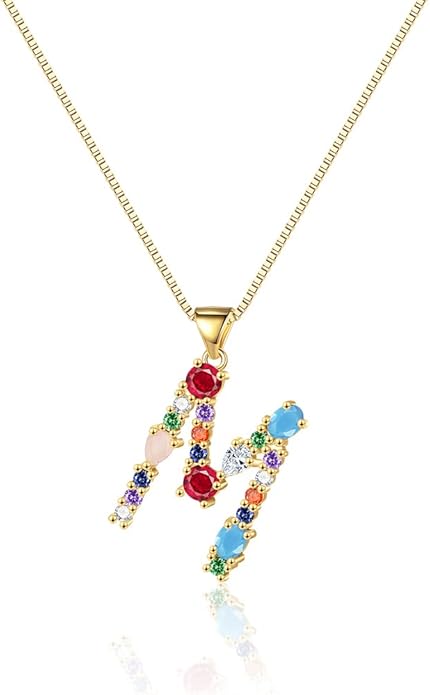 Eben-Ezer 18K Gold Box Chain Choker Initial Necklace Multi-Color Zircon Letter Pendant Script Name Custom Necklace for Women Gift Alphabet 26 A-Z