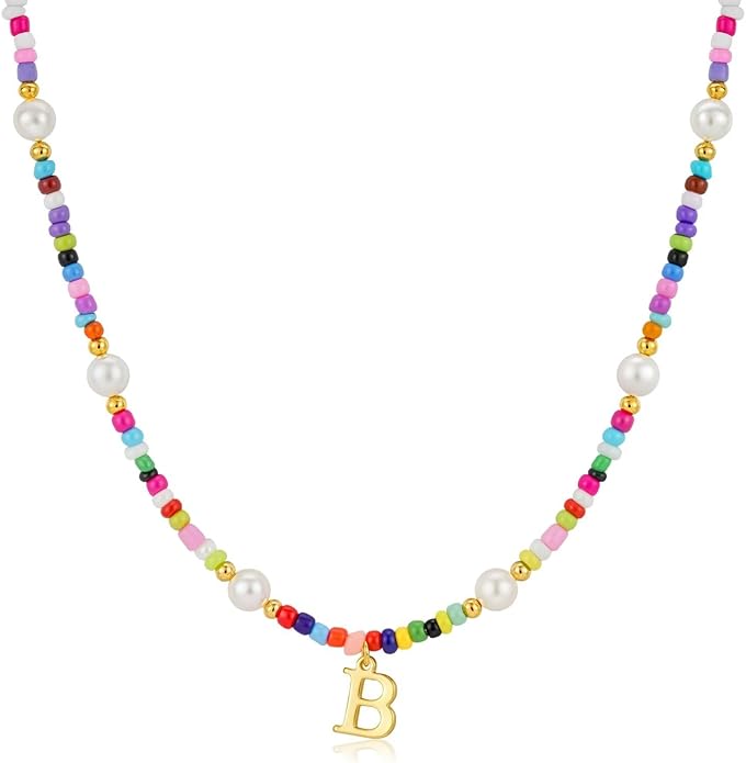 M MOOHAM Valentines Day Gifts for Kids Teen Girls - Colorful Initial Necklaces for Girls Women Kids, Beaded Pearl Choker Necklace for Women Trendy, Birthday Gifts Teenage Girl Teen Kid Jewelry