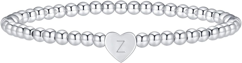 Valentines Day Gifts for Women Her - Dainty Beaded Heart Initial Bracelets Letter A-Z Charm Stretch Bead Ball Bracelet Trendy Jewelry Gifts