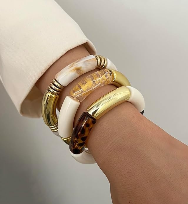 iF YOU 6pcs Chunky Acrylic Bangle Bracelets for Women, Resin Bamboo Brown Stretchy Bracelet Stack, Fashion Jewelry for Women