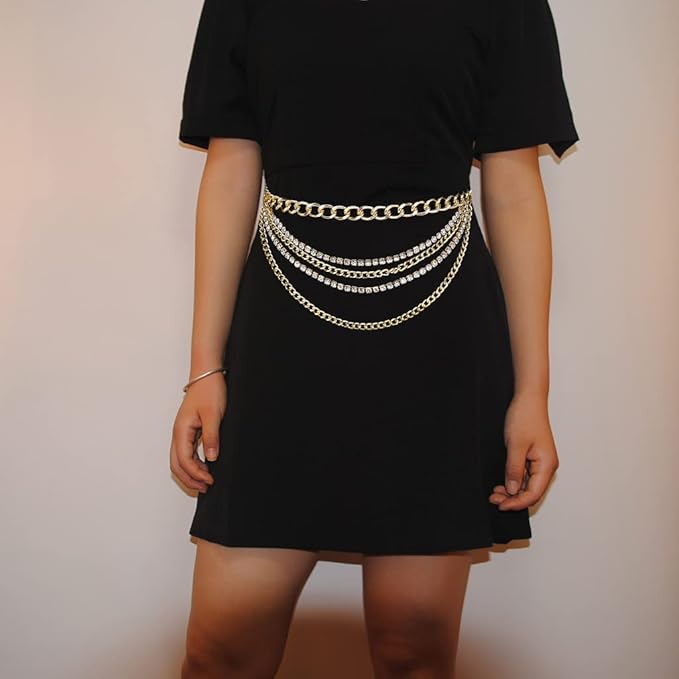 Suyi Multilayer Chain Belt Rhinestone Metal Chain Belts for Women Punk Gold Waist Chain