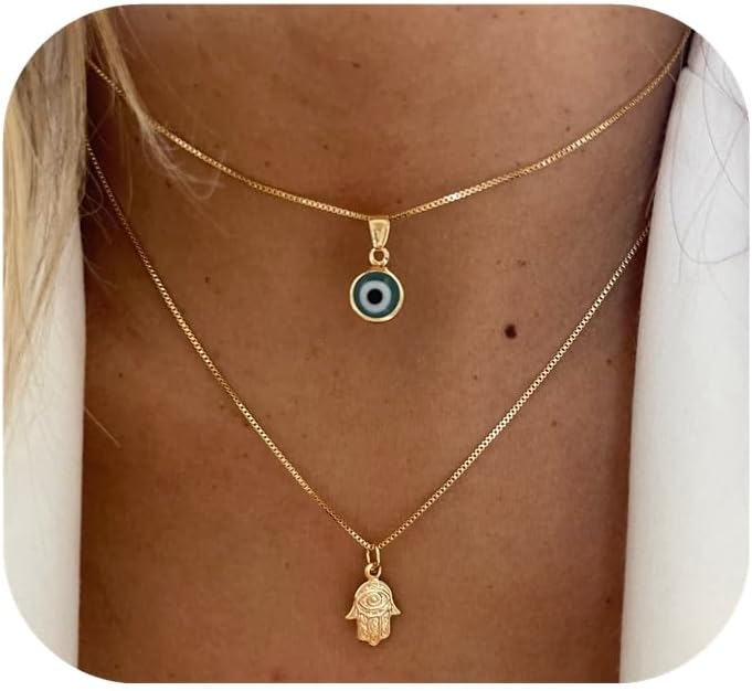 Evil Eye Necklace for Women 14K Gold Plated Delicate Necklaces Blue White CZ Diamond Pendant Necklace Cute Boho Tiny Evil Eye Lucky Protection Jewelry Gift for Women