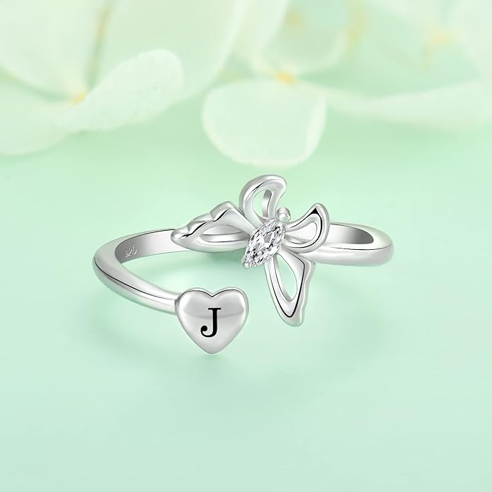 STARCHENIE Butterfly Initial Ring for Women 925 Sterling Silver Letters A-Z 26 Alphabet Adjustable Ring Size 7