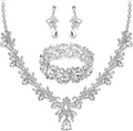 Wedding Leaf Flower Crystal Teardrop Pendant Necklace Dangle Earrings Stretch Bracelet Jewelry Set for Women Bridal Party Prom