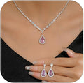 Sparkling Teardrop Halo Bridal Necklace Earrings Set For Women Statement Classic Silver Colors Adjustable Choker Style Chain