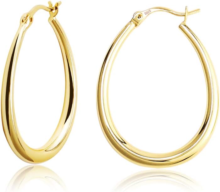 Silver Oval Hoop Earrings Hypoallergenic 14K Gold Plated Sterling Silver Lightweight Oval Hoop Earrings for Women Gilrs