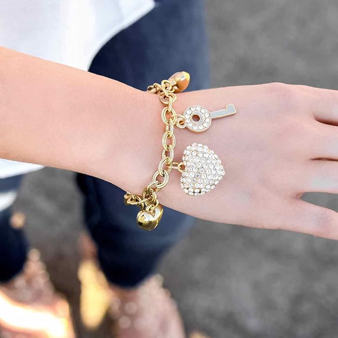 SILANER Gold Chain Link Bracelet - 7"+ 2" Extender 14K Gold Plated Love Locked Bracelets for Women, with Crystal, Love Heart,Key, Lock, Charm Bracelet