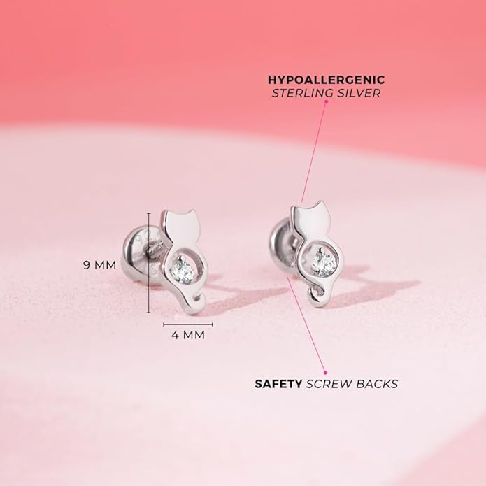 925 Sterling Silver Clear Cubic Zirconia Young Girls Kitten Screw Back Earrings - Kitty Cat Animal Lover Screw Backs for Young Girls, Toddler & Pre teens