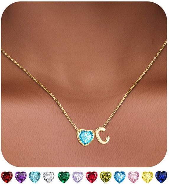 Valentines Day Gifts for Her- Heart Birthstone Initial Necklace for Women Girls,14K Gold Plated Heart Letter A-Z Necklace Birthday Trendy Jewelry Gifts for Women Girls Daughter