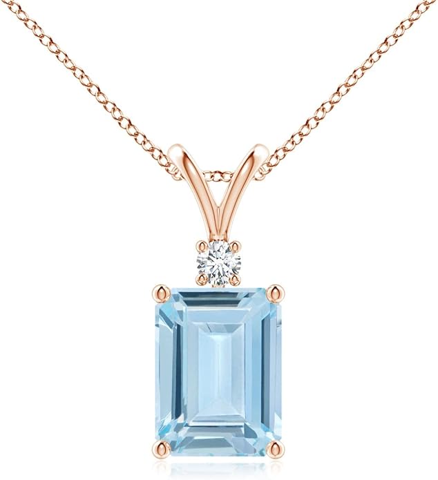 Angara Natural Aquamarine Solitaire Pendant for Women | Emerald-Cut Aquamarine Pendant with Diamond in 14K Solid Gold/Silver/Platinum With 18" Chain | March Birthday, Gemstone Jewelry Gift