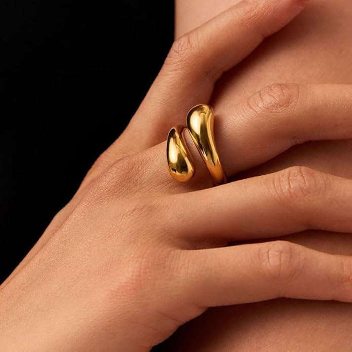 Chunky Rings For Women, Gold Silver Thumb Ring Asymmetrical Wavy Curve Ring Adjustable Non Tarnish Dainty Stainless Steel New Year Anniversary Birthday Jewelry Gift