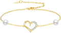 SISGEM 10k Gold 0.09 Carat Natural Diamond Heart Anklet for Women, Real Gold Pearl Jewelry Ankle Bracelets Present for Her, 9.4"-11"