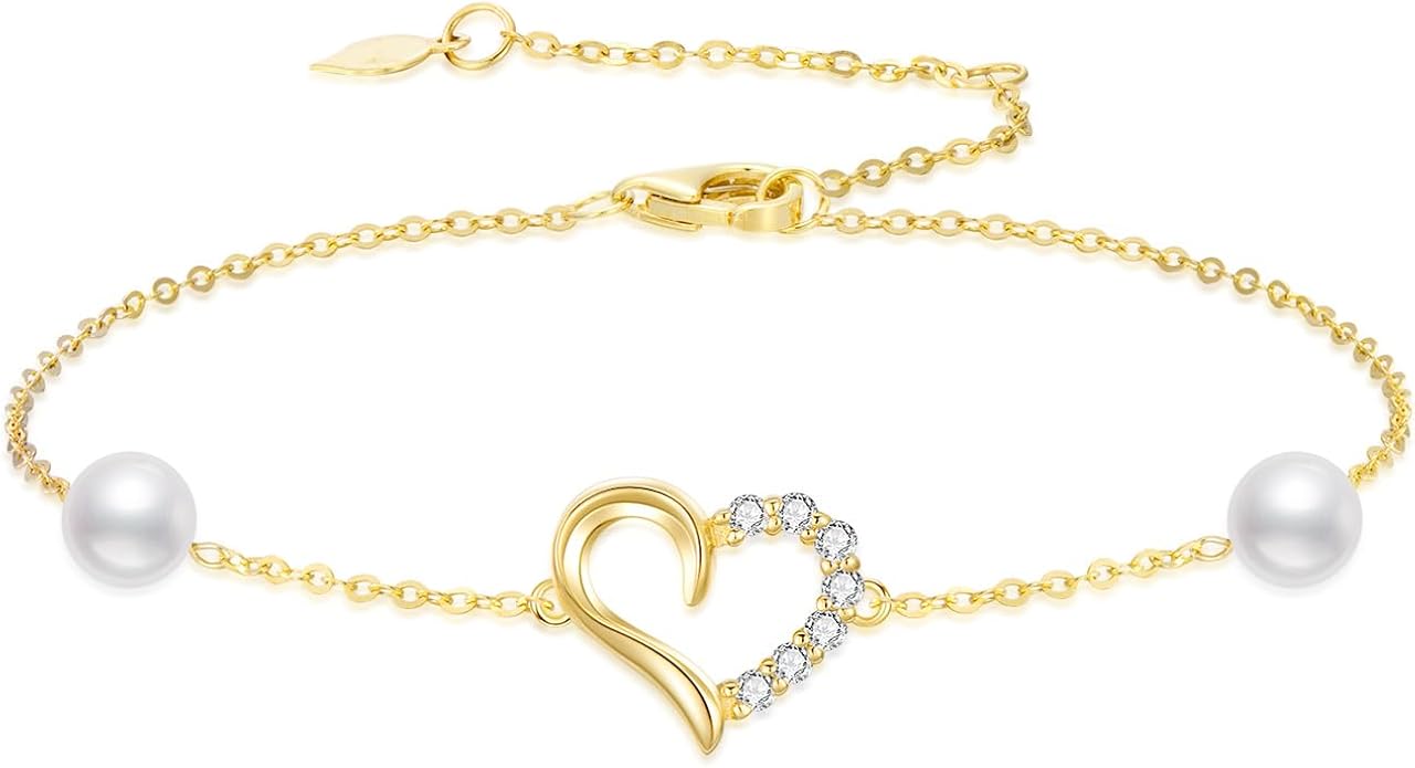 SISGEM 10k Gold 0.09 Carat Natural Diamond Heart Anklet for Women, Real Gold Pearl Jewelry Ankle Bracelets Present for Her, 9.4"-11"