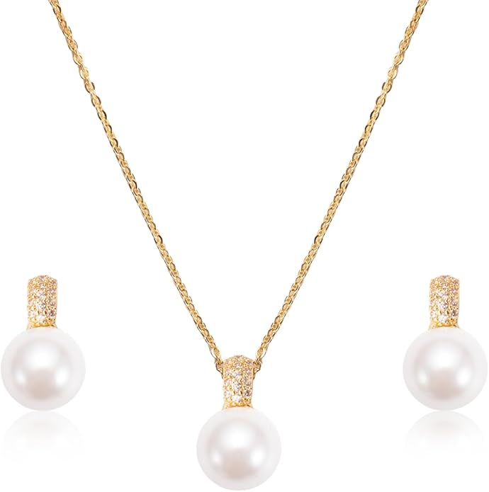 Classic Pearl Jewelry Set for Women – Elegant Pearl Necklace and Earrings Set with 14K Gold Plated Silver Chain Jewelry Perfect as Special Occasion Gift