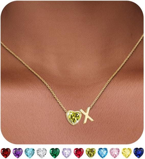 Valentines Day Gifts for Her- Heart Birthstone Initial Necklace for Women Girls,14K Gold Plated Heart Letter A-Z Necklace Birthday Trendy Jewelry Gifts for Women Girls Daughter