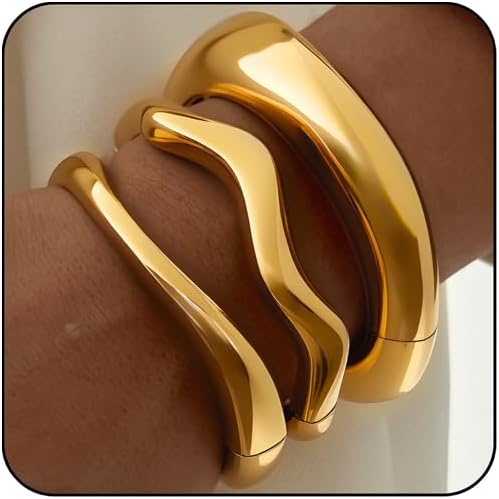 3Pcs Chunky Gold Bangles Bracelets for Women, Spring Hinged Big Stackable Bangles Set, Trendy Cuff Bracelet Stack Fashion Jewelry Gifts