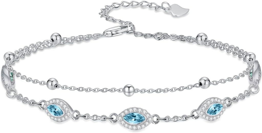 Evil Eye Birthstone Charm Link Bracelet 925 Sterling Silver Evil Eye Bracelet with 12 Months Birthstone Birthday Jewelry Gifts for Women Mom Her,Chain Length 7"+2" Extend