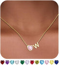 Valentines Day Gifts for Her- Heart Birthstone Initial Necklace for Women Girls,14K Gold Plated Heart Letter A-Z Necklace Birthday Trendy Jewelry Gifts for Women Girls Daughter