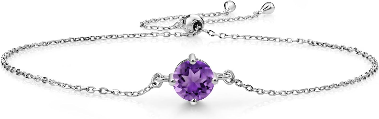 Gem Stone King Gemstone Birthstone Solitaire Bracelet For Women | 925 Sterling Silver | Round 6MM | Gift for Her Women Wife Mom Lady Daughter | Adjustable Bolo Bracelet | Easy-On Easy-Off
