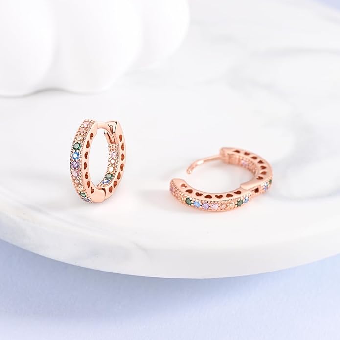 NARMO Earrings for Women 925 Sterling Silver Heart Hoops Small Colorful Rainbow Hoop Earrings Huggie Earrings
