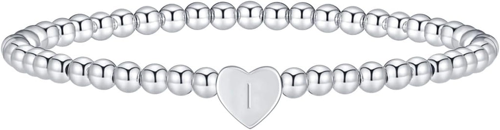 Valentines Day Gifts for Women Her - Dainty Beaded Heart Initial Bracelets Letter A-Z Charm Stretch Bead Ball Bracelet Trendy Jewelry Gifts