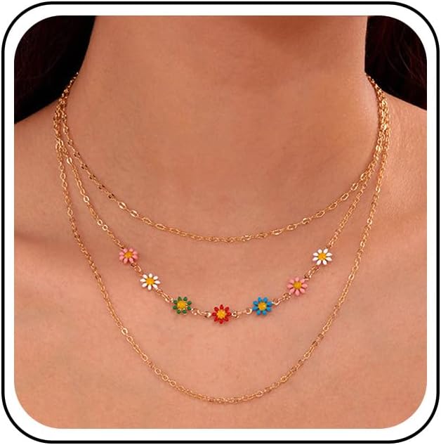 Vintage Layered Colorful Flower Necklace Multi Color Daisy Flower Choker Necklace Gold Rainbow Daisy Necklace Enamel Floral Necklace Chain Jewelry for Women