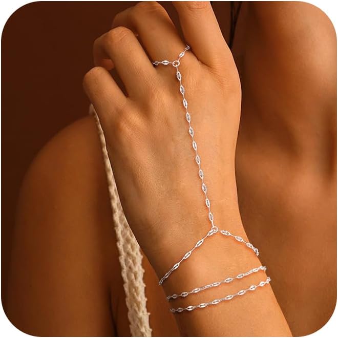 Valentine Gift 14K Gold Plated Hand Chain Bracelet for Women Trendy, 2 Pcs Stackable Gold/Silver Finger Ring Bracelet Hand Chain Dainty Non Tarnish Waterproof Set Jewelry Adjustable 7'+2